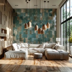 Wall Mural - An interior with a natural oak wooden floor, walls in neutral colors and a turquoise tile covering on the front wall. A double-sided sofa and pendant lamps. Large windows. Generative AI.