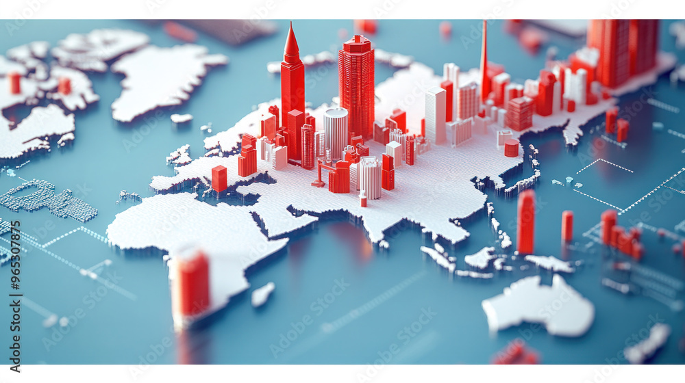 A map of the world with cities in red and white. The cities are shown ...