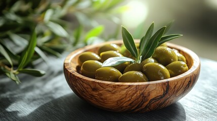 Fresh green olives in a wooden bowl with olive branches in soft natural light