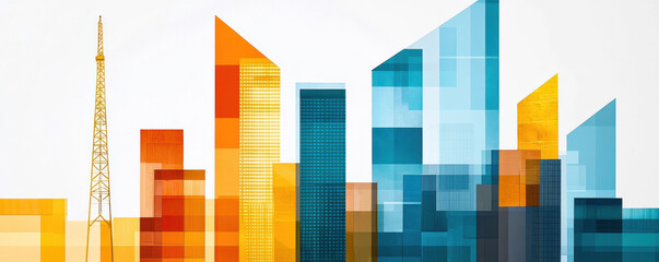 A city skyline with a tall tower in the background. The buildings are multi-story and the colors are bright and vibrant. Concept of energy and excitement