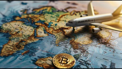 Wall Mural - A small airplane is on a map of the world with a Bitcoin coin on the map