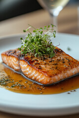 fried salmon with microgreens, delicious healthy food