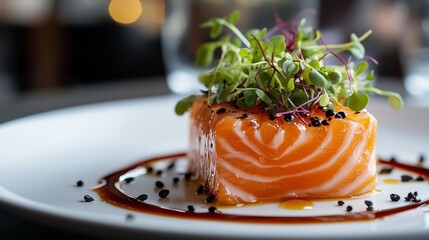 fried salmon with microgreens, delicious healthy food