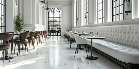 white and black wooden restaurant interior with stool in row, elegant sofa and dinner table 