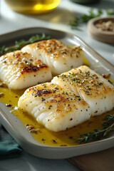 fried cod fish fillet with lemon slices and rosemary and other herbs, delicious and healthy