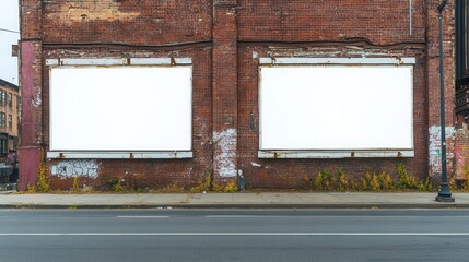 An empty brick wall with two blank billboards, perfect for advertising space or creative projects in an urban setting.