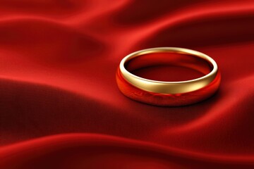 Elegant gold ring on red satin fabric