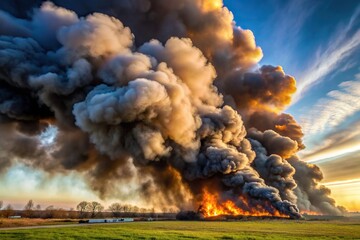 smoky, smoke, dramatic, intense, wildfire, black, obscured, billowing, danger, sky, burning, haze,fire, ominous, flames, Smoke billows from a fire partially obscuring the sky