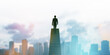 © Who is Danny - Back view of young businessman climbing ladder on blurry city background with mock up place. Growth, success and forward concept. Double exposure.