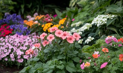 Wall Mural - Colorful geraniums and pelargoniums in a lush garden filled with vibrant flowers