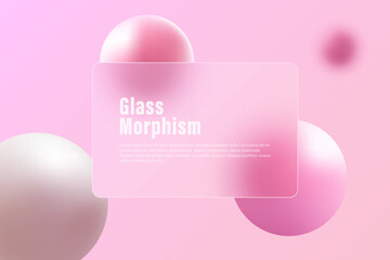 Creative glass morphism presentation design with transparent frame and colorful floating spheres.
