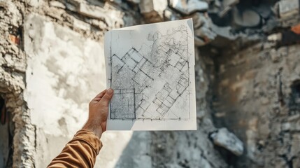 Wall Mural - An architect's hand holds a drawing against a backdrop of raw concrete structures, capturing the transformation from abstract design