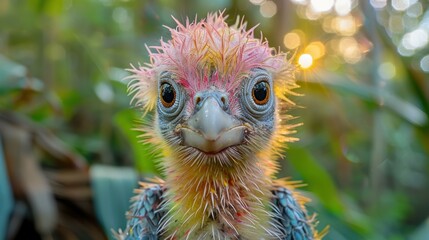 A baby bird with colorful feathers stares intently at the camera. AI.