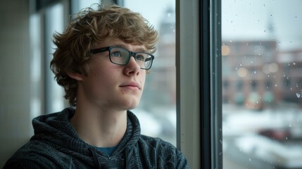 Sticker - A young man looks out the window on a rainy day. AI.