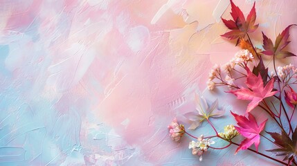 Wall Mural - Artistic maple leaf floral arrangements on a soft pastel background, offering a thematic and artistic addition to floral displays with ample space for Canada Day messages