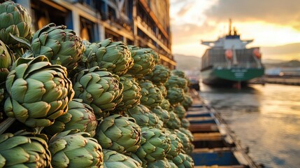 Canvas Print - Artichokes stacked near a cargo ship at a port, ready for export, highlighting the international transportation of agricultural products.