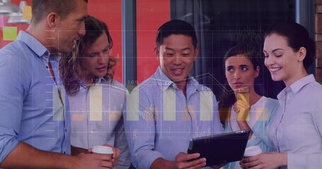 Wall Mural - Animation of financial data processing over diverse colleagues discussing work in office