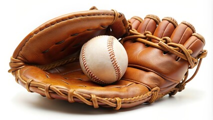 Brown baseball glove and white ball on a white background at a tilted angle, white, team sport, competition, ball, white background, glove, game, sports photography, baseball ball