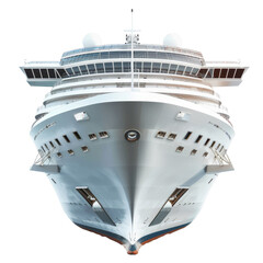 A large cruise ship approaches the camera in bright sunlight over tranquil waters while setting out on a journey across the ocean