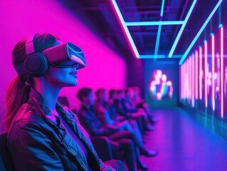 Vibrant neon hues, futuristic vibe, Influencer streaming in virtual world, high-detail 3D hologram audience, long shot, ideal for digital CG