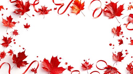 Wall Mural - Artistic maple leaf streamers against a clean white background, adding a unique, creative touch with ample space for Canada Day messages