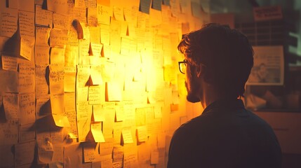 Contemplative Man Organizing Sticky Notes with Warm Glow - Creative Work Environment Concept with Shadows and Illumination