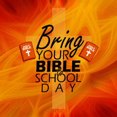 Wall Mural - Bring Your Bible To School Day celebrates on first Thursday in October. Calligraphic text with icons of bible books on abstract background