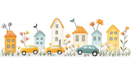 Wall Mural - A drawing of a street with houses and cars. The houses are painted in different colors and the cars are yellow. The street is lined with flowers and there are birds in the sky