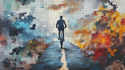 A collage showing a person riding a bicycle on a road made of puzzle pieces, symbolizing finding the right path in life