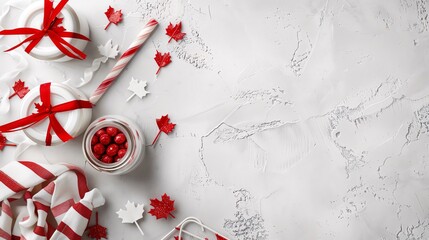 Wall Mural - Elegant Canadian flag candy jars on a light, textured background, adding a sophisticated and patriotic flair to Canada Day decorations with plenty of blank space for text