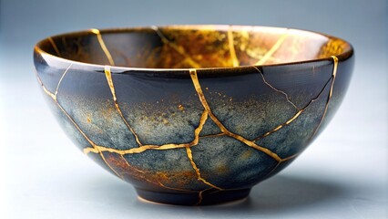 Pottery repaired with the kintsugi art form showcasing beautifully restored cracks and fractures using lacquer and gold, cultural, artistic, repair, heritage, beauty, craftsmanship