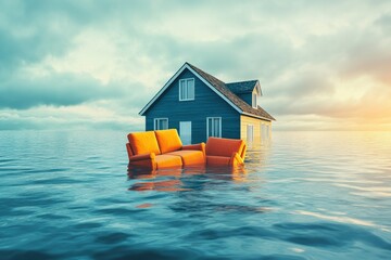 A house is floating in the ocean with a couch and two chairs