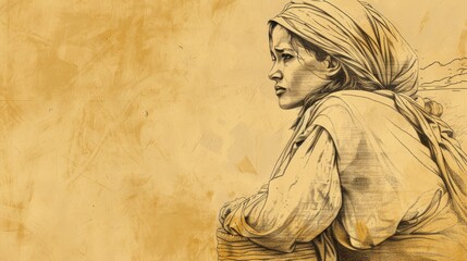 Exodus:The Israelites Oppressed,Worried Israelite Woman at Well, Drawing Water, Israelites Oppressed, Biblical Illustration, Bible Wall Art, Beige Background