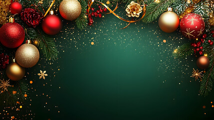 Canvas Print - Square banner with gold and red Christmas symbols and text. Christmas tree, balls, golden tinsel confetti and snowflakes on green background. Header for website template.