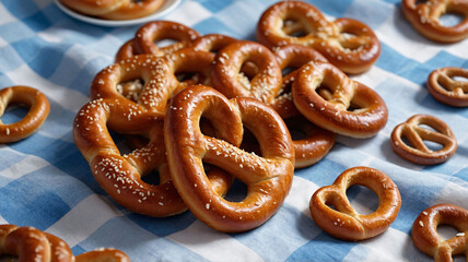 German pretzels with salt, traditional homemade pretzels, Bavarian style bretzels on blue flat lay background