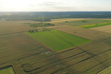 Aerial view of wind turbines in a green landscape