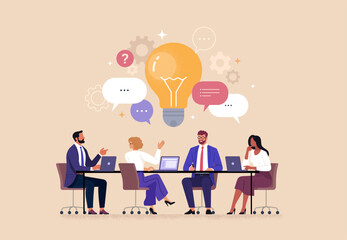 Fototapete - Business Team Brainstorming Concept. Vector illustration in flat style of a group of diverse people sitting at a desk and discussing an idea. Isolated on background 
