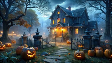 Spooky graveyard scene transforms a suburban yard with cobweb-covered fencing, glowing jack-o'-lanterns, and eerie fog illuminating a haunted house facade on a dark autumn night.