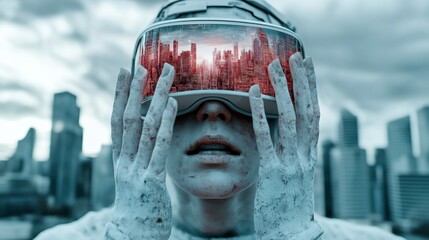 Canvas Print - A person with a virtual reality headset covering their eyes, AI