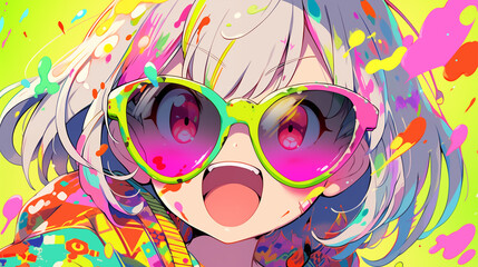 Wall Mural - Cute anime girl , vibrant , neon , wallpaper 