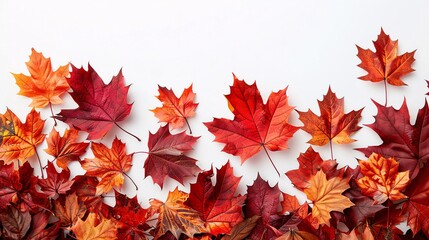 Vibrant, autumnhued maple leaves scattered artistically on a pristine white background, providing a fresh and festive canvas with blank space for Canada Day text