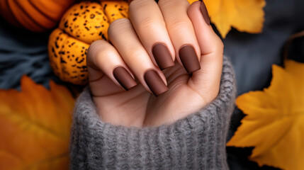 Wall Mural - Close-up of a hand with matte brown nail polish, wearing a gray knitted sweater. Background includes seasonal autumn elements such as pumpkins and yellow leaves.