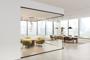 Wall Mural - Modern open space office with large windows showcasing a city view. Features contemporary furniture and clean design. Concept of a productive workspace. 3D Rendering