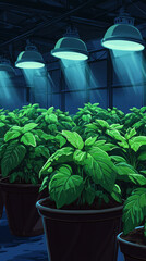 Poster - A series of potted plants are illuminated by bright lights. The plants are green and appear to be thriving in the indoor environment. Concept of growth and vitality