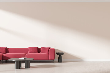 Wall Mural - Modern living room with a red sofa and coffee table, set against a blank wall. Bright and minimalistic interior design with ample copy space for mockup purposes. 3D Rendering