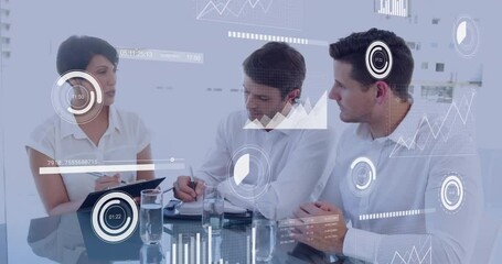 Wall Mural - Animation of financial data processing over diverse colleagues discussing work in office