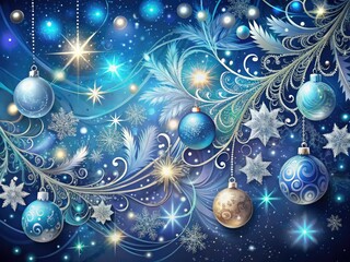 Vibrant festive illustration featuring swirling snowflakes, ornaments, and garlands in shimmering blues and silvers, set against a starry night sky with subtle gradient glow.