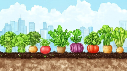 A drawing of a garden with many different types of vegetables, including carrots, tomatoes, and lettuce