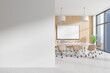 © ImageFlow - Modern office meeting room in bright open space. Features a blank wall, wooden accent wall, large windows, and minimalist furniture. Concept of workspace. 3D Rendering