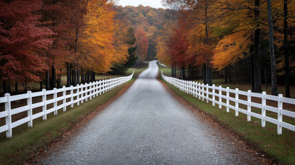 Sticker - Long winding gravel road lined with white fences and colorful autumn trees, featuring vibrant red, orange, and yellow foliage.